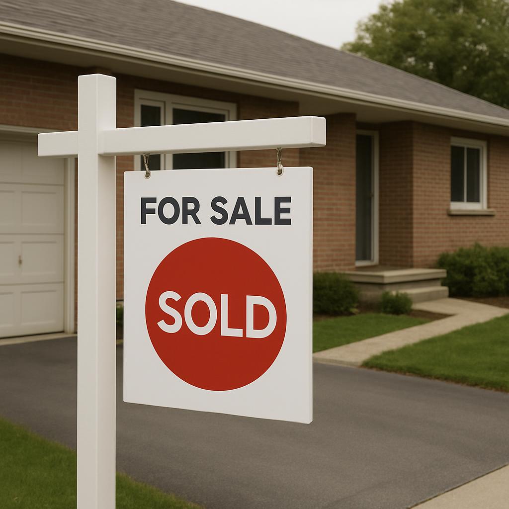 "For Sale Sign: A white sign with gray text reading 'For Sale' above a large red circle with 'Sold' written in white lette...